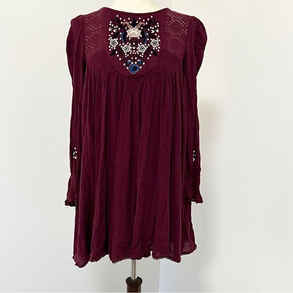 Free People Mohave A Line Swing Mini Dress XS Plum Oversized Deep V Back - Picture 7 of 16
